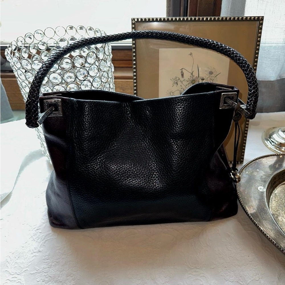 Brighton Black Brown Leather Shoulder Bag Braided Strap Silver Hardware